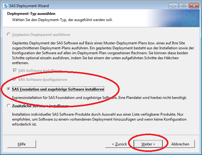 "SAS Foundation und zugehörige Software installieren" wählen und "Weiter" klicken